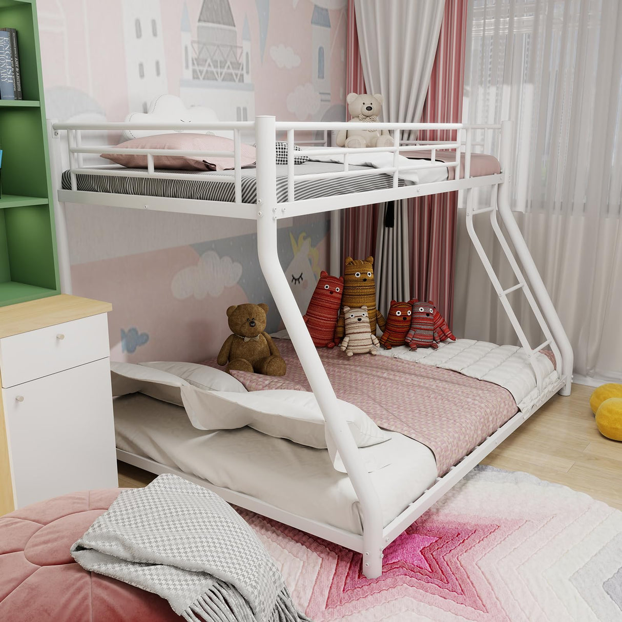 Bellemave Twin Over Full Metal Floor Bunk Bed with Inclined Ladder,Heavy Duty Bunk Beds for Adults,Twin Over Full,White Bellemave