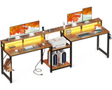 Coleshome 98" Home Office Computer Desks with Storage Shelves- 2 Person Writing Desk with LED Lights & Power Outlet, Long Two Person Desk with Monitor Stand, Double Study/Work Table Workstation, Brown Coleshome