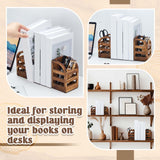 1 Pair 2 in 1 Rustic Burnt Wooden Bookend with Coated Metal Desk Supply Holds Non Skid Desktop Book Ends Pen Holder Pencil Cup Stationery Storage Bins Book Stopper for Home Office Dorm Room Memorywuu