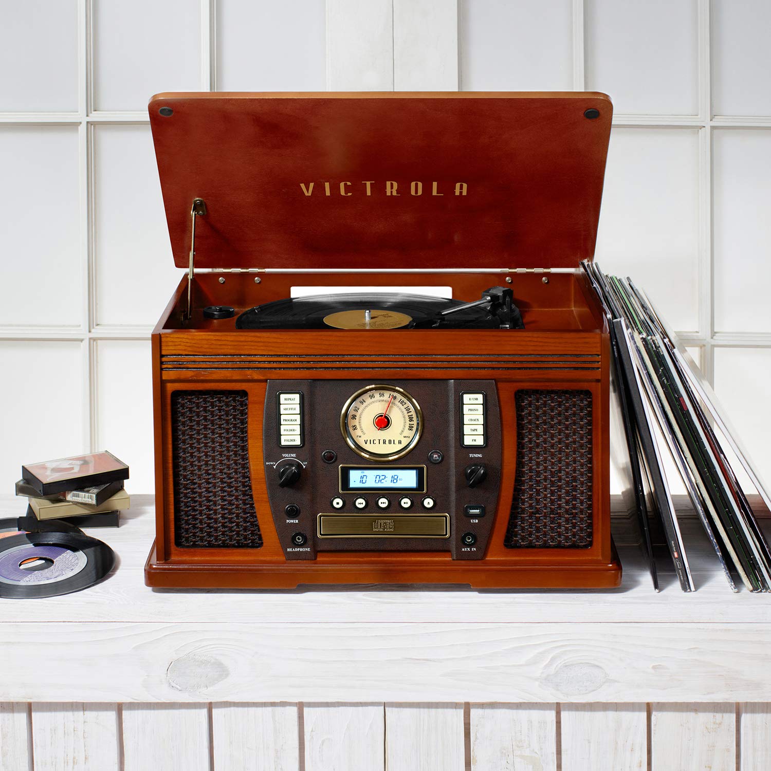 Victrola Aviator 8-in-1 Bluetooth Record Player & Multimedia Center with Built-in Stereo Speakers - 3-Speed Turntable, Vinyl to MP3 Recording, Wireless Music Streaming, Mahogany - WoodArtSupply