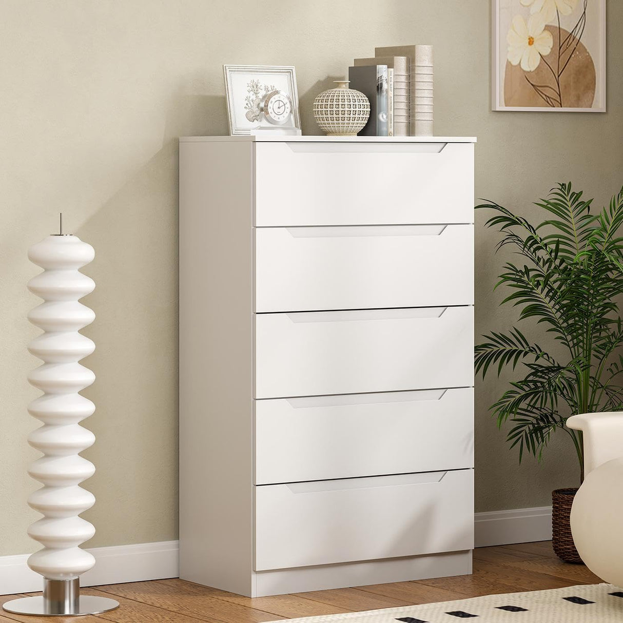 Winkalon White 5 Drawer Dresser for Bedroom, 48" H Tall Modern Chest of Drawers, Wood Storage Dresser with Deep Drawers for Living Room Hallway Entryway, White Winkalon