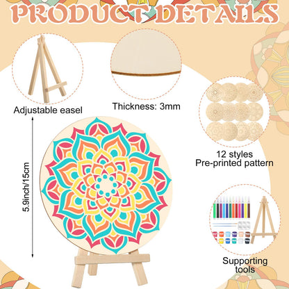 MotiMind 60 Pcs Wooden Mandala Painting Set Mandala Unfinished Wood Cutouts with Wooden Easel Kits Mandala Wood Slices for Adults Beginners Painting, DIY Craft Project, Party Favor Home Decor