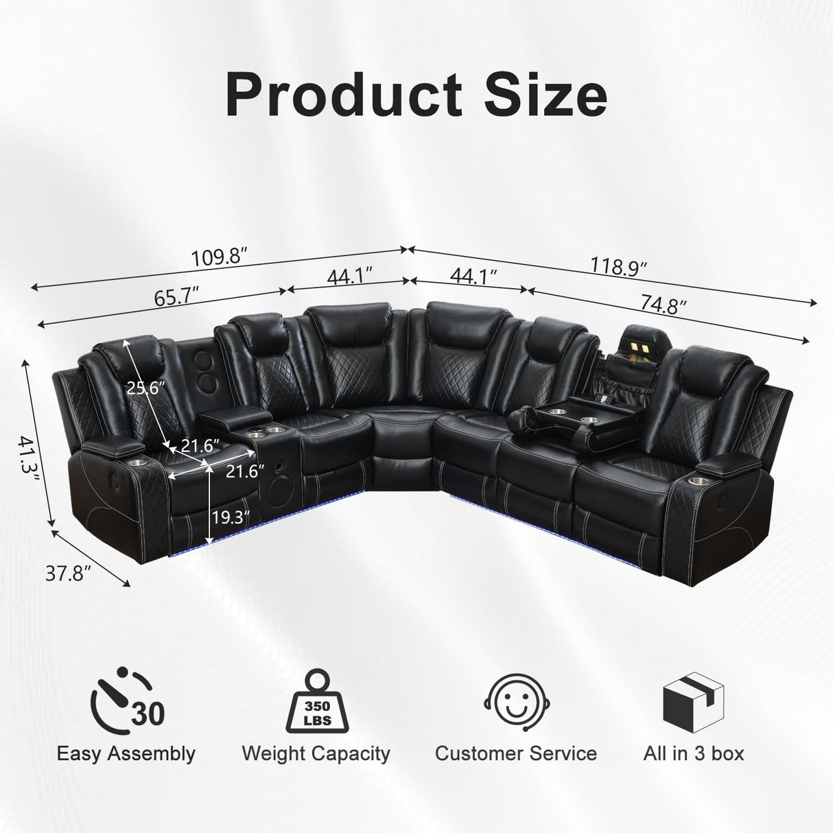 Power Recliner Sectional Sofa with Bass Speaker,Wireless Charger,Electric Reclining Sectional Sofa with 2 Faux Leather Recliner,LED Strip,Reading Light,Type-C USB Port,Cup Holder,Storage Console Black Comfort Stretch