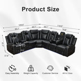 Power Recliner Sectional Sofa with Bass Speaker,Wireless Charger,Electric Reclining Sectional Sofa with 2 Faux Leather Recliner,LED Strip,Reading Light,Type-C USB Port,Cup Holder,Storage Console Black Comfort Stretch