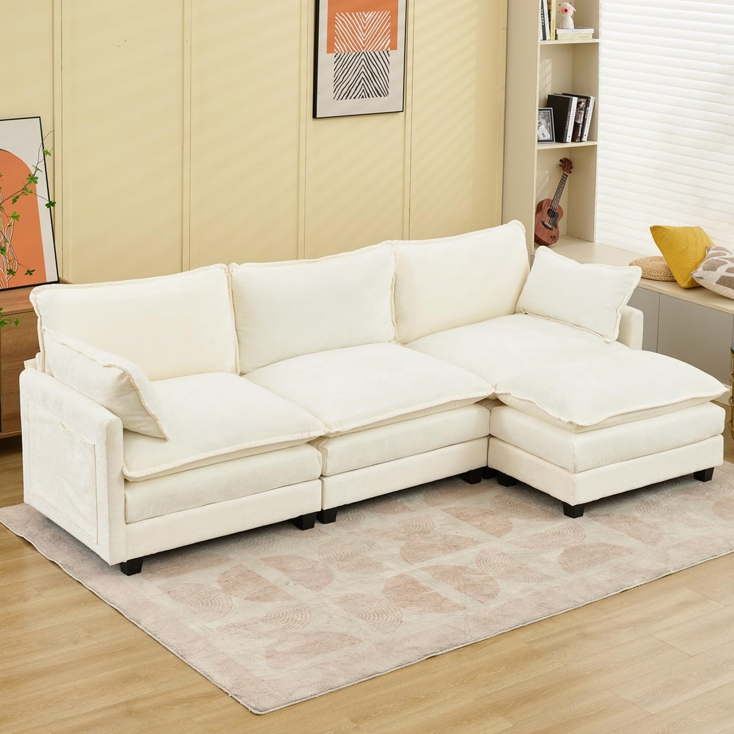 SAMERY Sectional Sofa Cloud Couch, 113" Big Comfy Couch L Shape Sofa Couch for Living Room Extra Deep Seat Sofa Couch Chenille Sofa Sleeper with Ottoman/Pillows, Cream White 3 Seat Sofa Cloud Couch