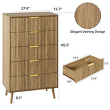LYNSOM Fluted 5 Drawers Dresser, 45" Tall Modern Chest of Drawers with Metal Handle and Curved Profile Design, Wood Drawer Organizer for Bedroom, Living Room, Hallway, Entryway, Natural Oak LYNSOM
