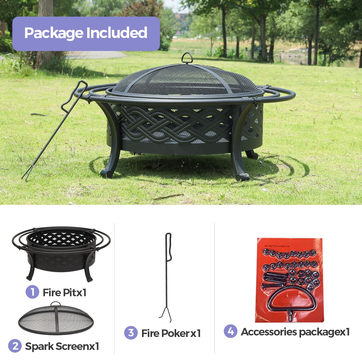 Panovue 36 Inch Fire Pit with 2 Loops,Crossweave Wood Burning Fire Pits for Outside,with Spark Screen,Fire Poker,Round Outdoor Firepit for Patio,Yard,Garden,Camping,Bonfire,Black Panovue