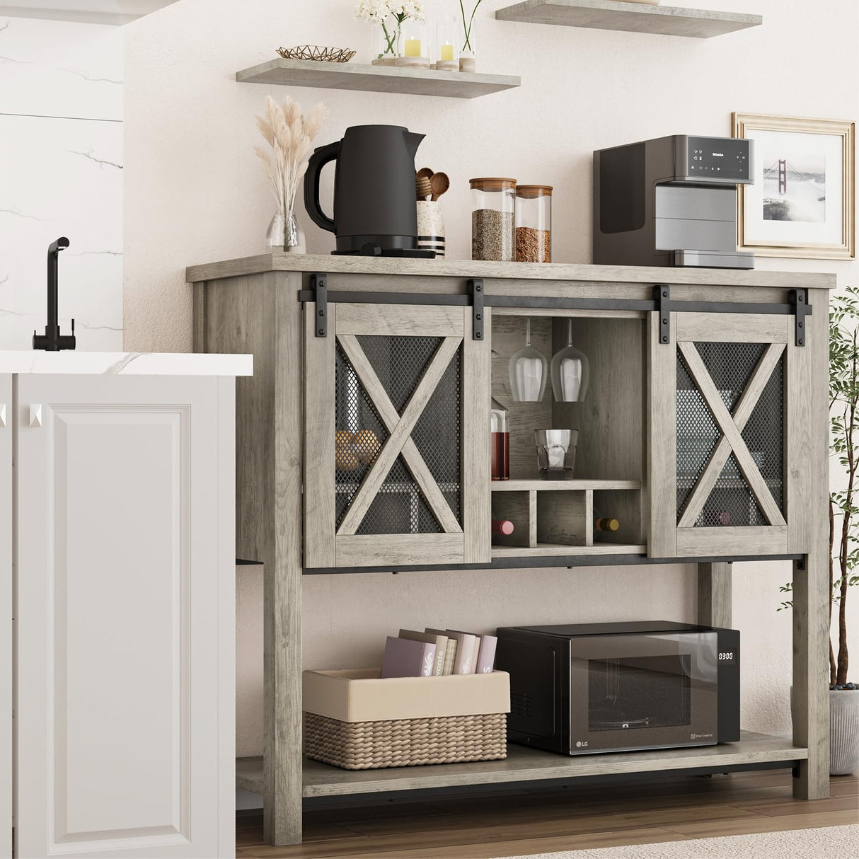 IDEALHOUSE Coffee Bar Cabinet, Sideboard Buffet Storage Cabinet with Storage, Farmhouse Wine Bar Cabinet with Wine Glass Rack, Liquor Cabinet Bar for Home, Kitchen, Dining, Living Room, Grey IDEALHOUSE