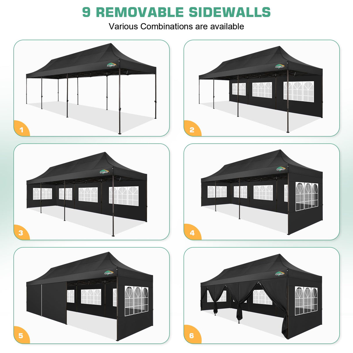 COBIZI 10x30 Pop Up Canopy Tent Heavy Duty with 8 Removable Sidewalls, Commercial Portable Tents for Parties Ez Up Canopy All-Weather Windproof & Waterproof and UPF 80+ Wedding Tent Sun Shelter COBIZI