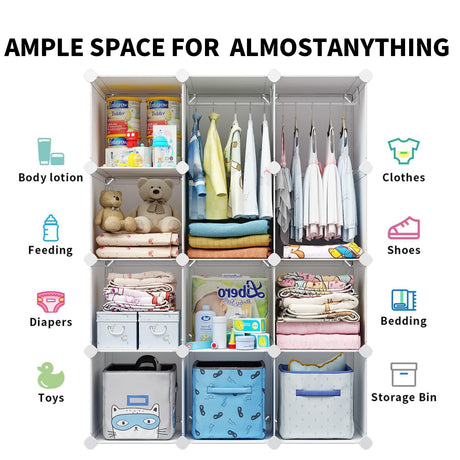 VIPZONE Baby Closet,Dresser, Kids Closet Organizers, Portable Kids Wardrobe for Closet, Bedroom, Nursery, Cubby, Cabinet, Clothes, Dress, Baby Storage Shelf, Armoire Clothes Hanging (12 Cube, White) VIPZONE