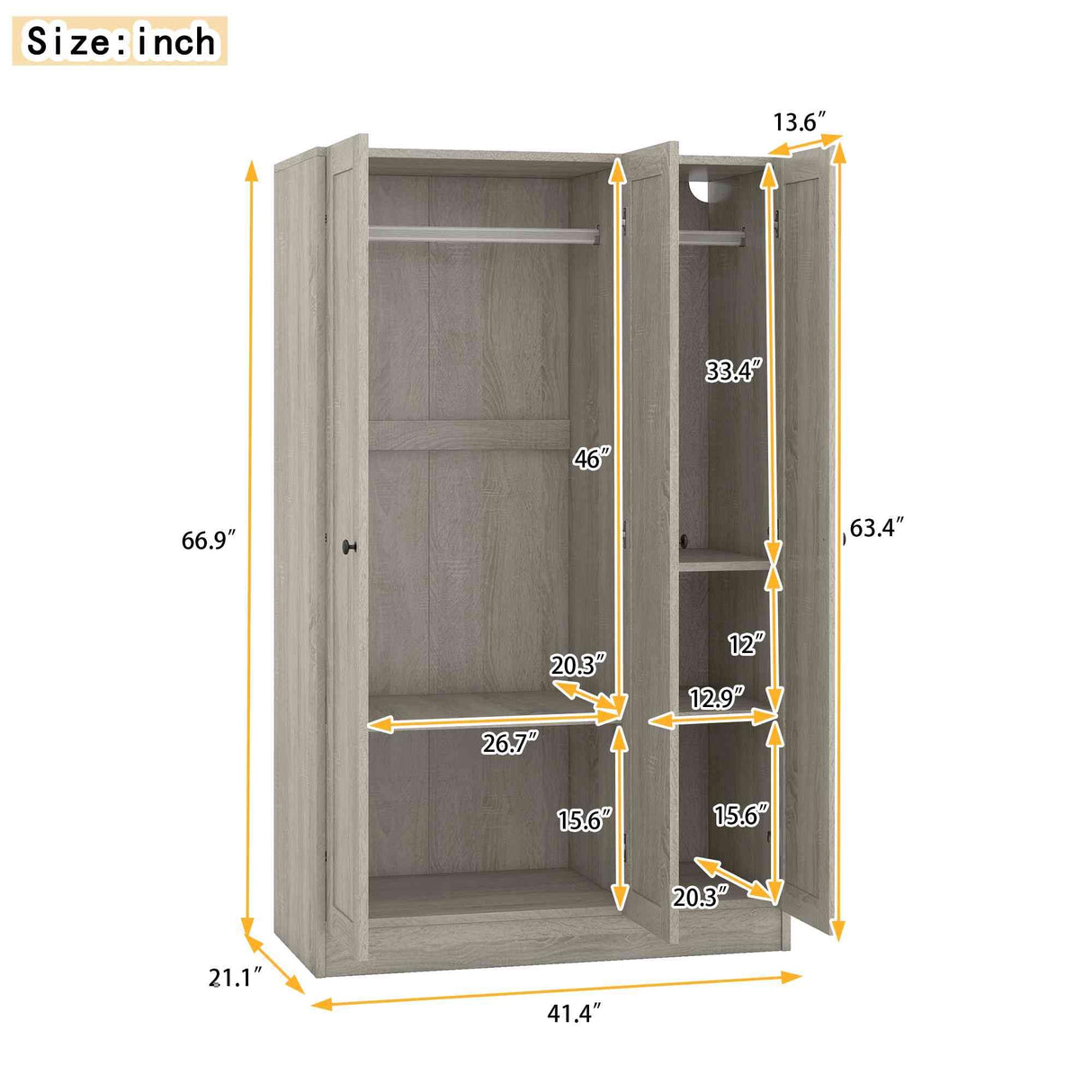 ATY 3-Door Wardrobe Closet with Shelves and Hanging Rod, Wooden Freestanding Armoire, Clothes Organizer Cabinet for Bedroom, Guestroom, Gray ATY