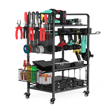 IMAYCC Power Tool Organizer Garage Storage 6 Drill Tool Holder Rack Rolling Tool Cart on Wheels 3 Tier Heavy Duty Metal Shelving for Drill Workshop Garage Organization Gift for Men Dad IMAYCC