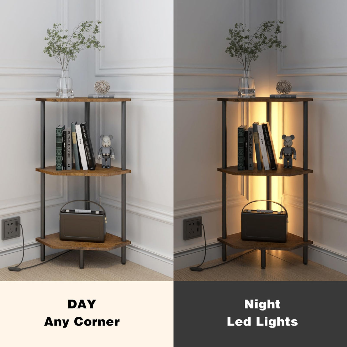 QLSPTFTS 3 Tier Corner Shelf with LED Light,Bookcase for Small Spaces,Display Shelf,Narrow Bookshelf,Plant Stand,Rustic Brown and Black,Suitable for Bedroom,Living Room,Kitchen QLSPTFTS