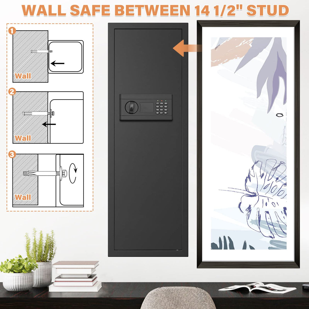 43.3-inch Tall Fireproof Wall Safes Between the Studs, Large Home Wall Safe with Combination Lock and Removable Shelf, Security Wall Safes for Home Firearm Money Valuables Tiskgg
