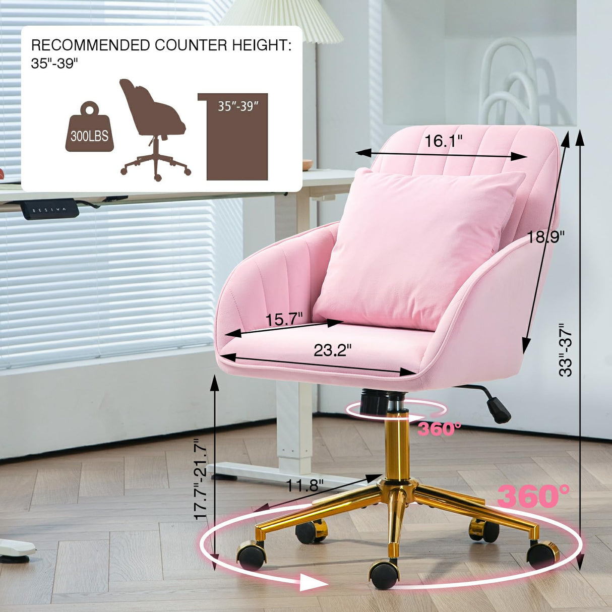 Modern Office Desk Chair with Back & Wheels for Makeup Room, Vanity Chair with Gold Legs & Pillow in Velvet, Home Computer Chairs for Indoor, 360°Swivel Office Chairs Adjustable Height (Pink) NTailed FOX