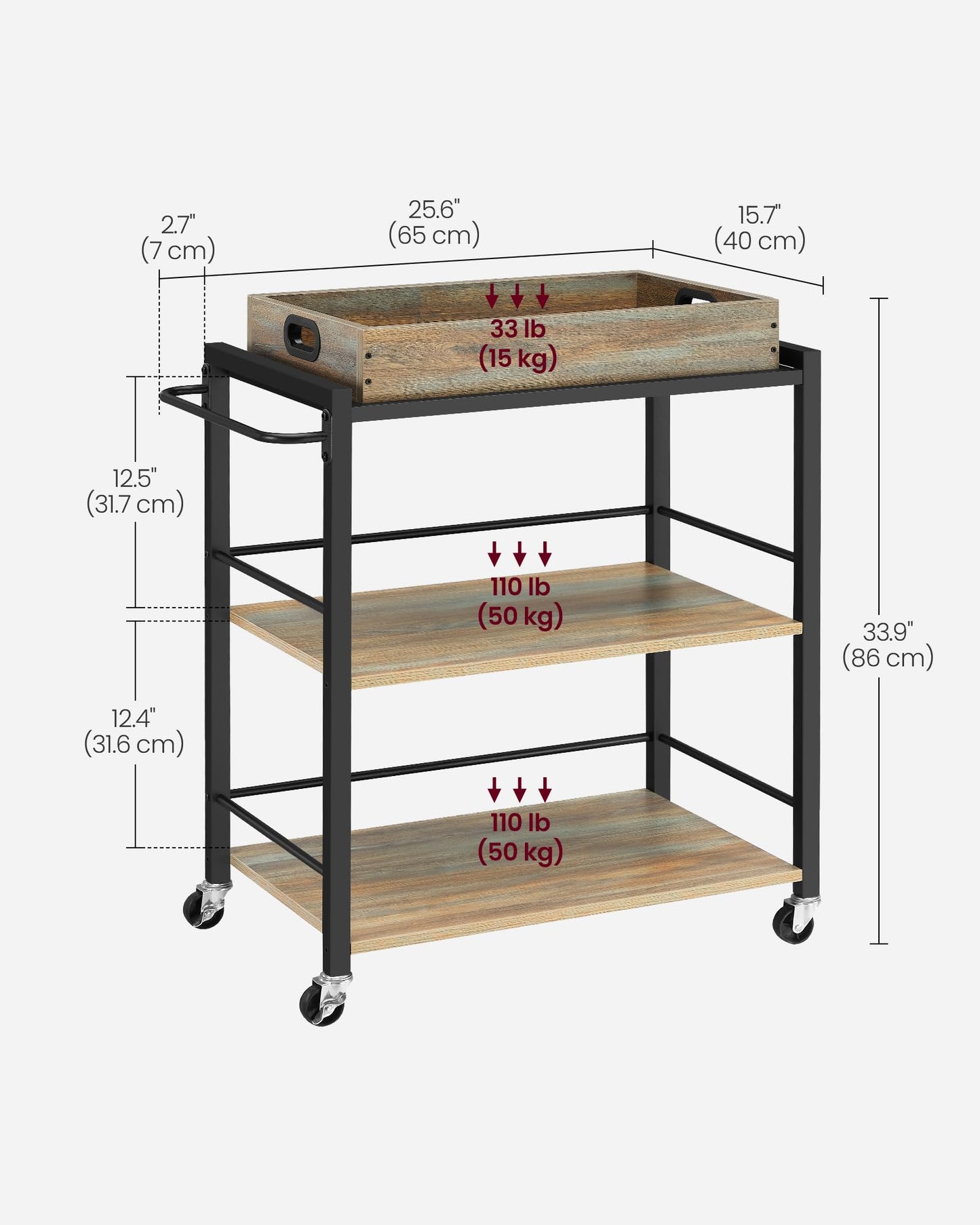 VASAGLE Kitchen Serving Cart with Removable Tray, 3-Tier Kitchen Utility Cart on Wheels with Storage, with Brakes, Leveling Feet, 15.7 x 28.3 x 33.9 Inches, Turquoise Brown and Ink Black ULRC072K60