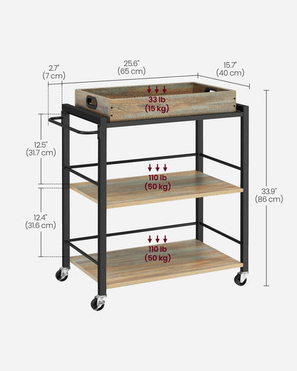 VASAGLE Kitchen Serving Cart with Removable Tray, 3-Tier Kitchen Utility Cart on Wheels with Storage, with Brakes, Leveling Feet, 15.7 x 28.3 x 33.9 Inches, Turquoise Brown and Ink Black ULRC072K60