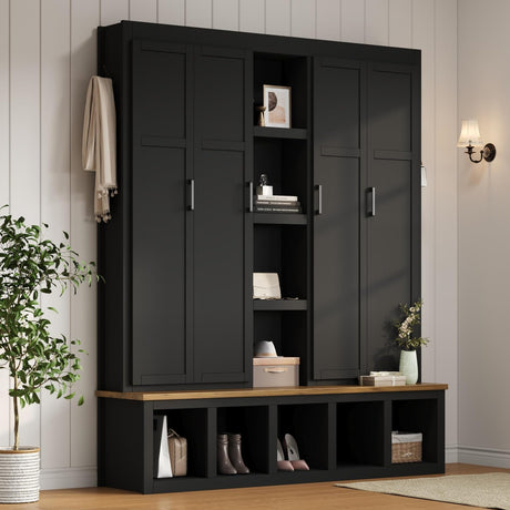 Merax Modern Farmhouse Hall Tree with Bench, 4-in-1 Entryway Storage Cabinet & Shoe Organizer with Hooks, Black Merax