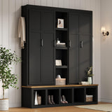 THINK 30 62.9" W Farmhouse 4-in-1 Hall Tree with 6 Hanging Hooks, Mudroom Wood Grain Bench with Open Compartments, Entryway Shoe Cabinet with Seating Bench for Living Room, Hallway, Black (Black) THINK 30