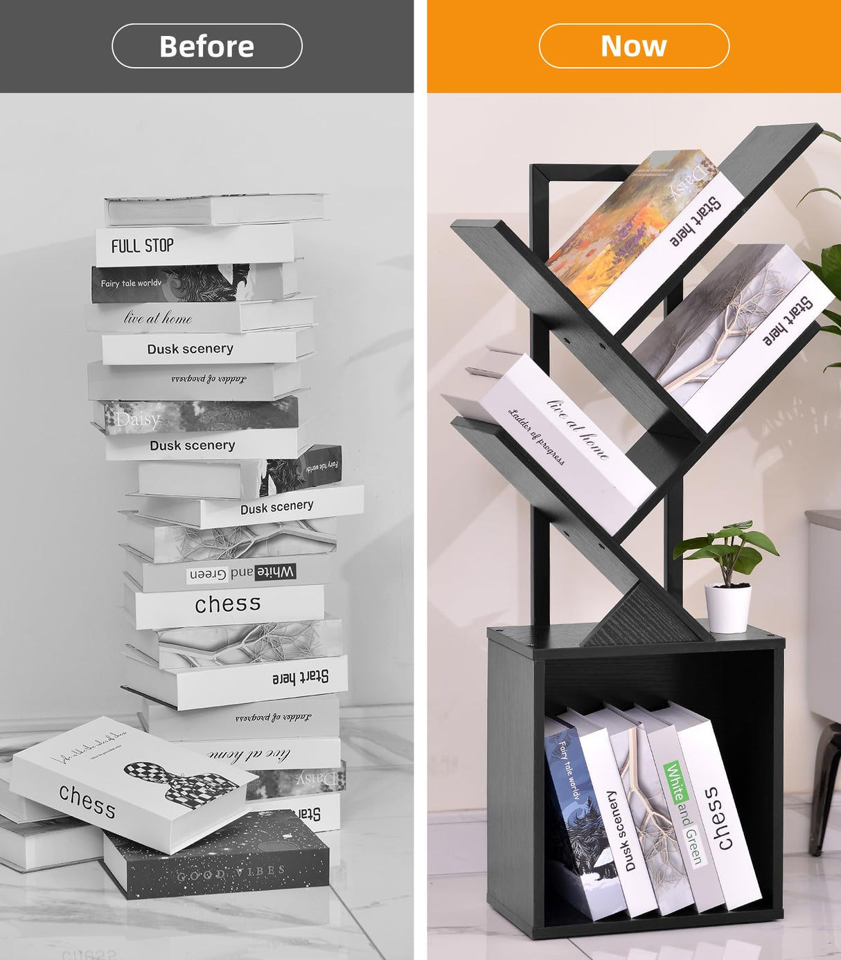 YSVCO 4 Tier Book Tree Bookshelf, Wooden Small Book Shelf with Storage Cabinet, Modern Freestanding Bookcase, Floor Standing Display Organizer for Small Spaces, Living Rooms, Home Offices,Black BS34BS YSVCO