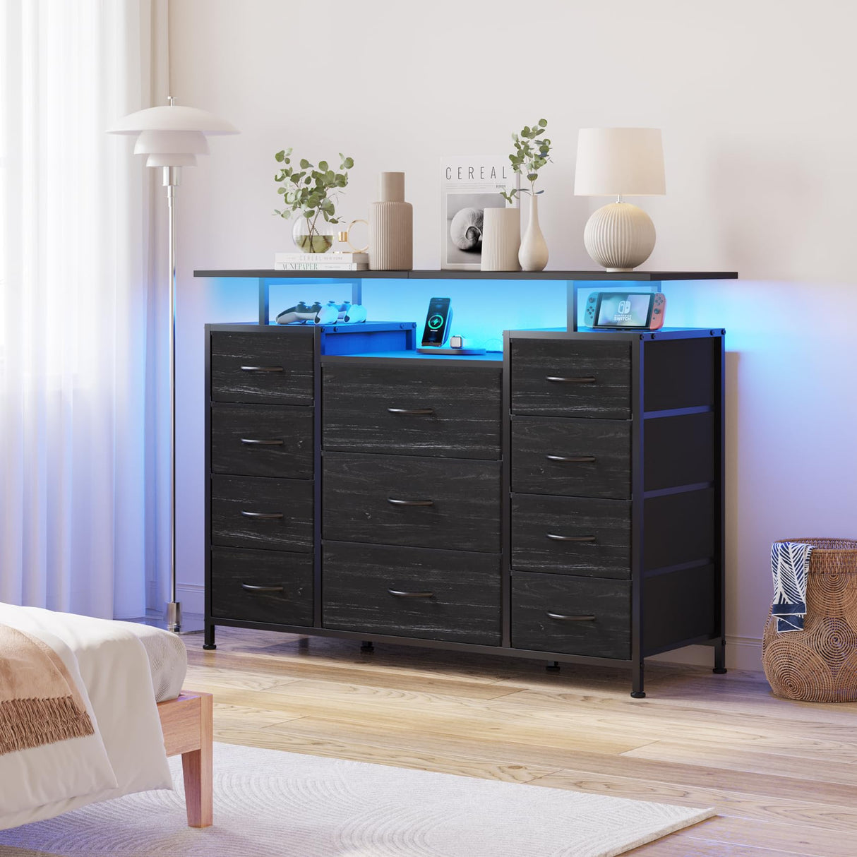 LUMTOK 11 Drawers Dresser with Fabric Drawers,Charging Station, LED Lights and Shelves for Bedroom, Living Room, Hallway, Nursery Storage Organization (Black Wood Veins) LUMTOK