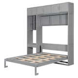 Queen Size Wall Murphy Bed with Desk, Top Cabinet and Storage Shelves, Space Saving Foldable Bed,Gray Harper & Bright Designs