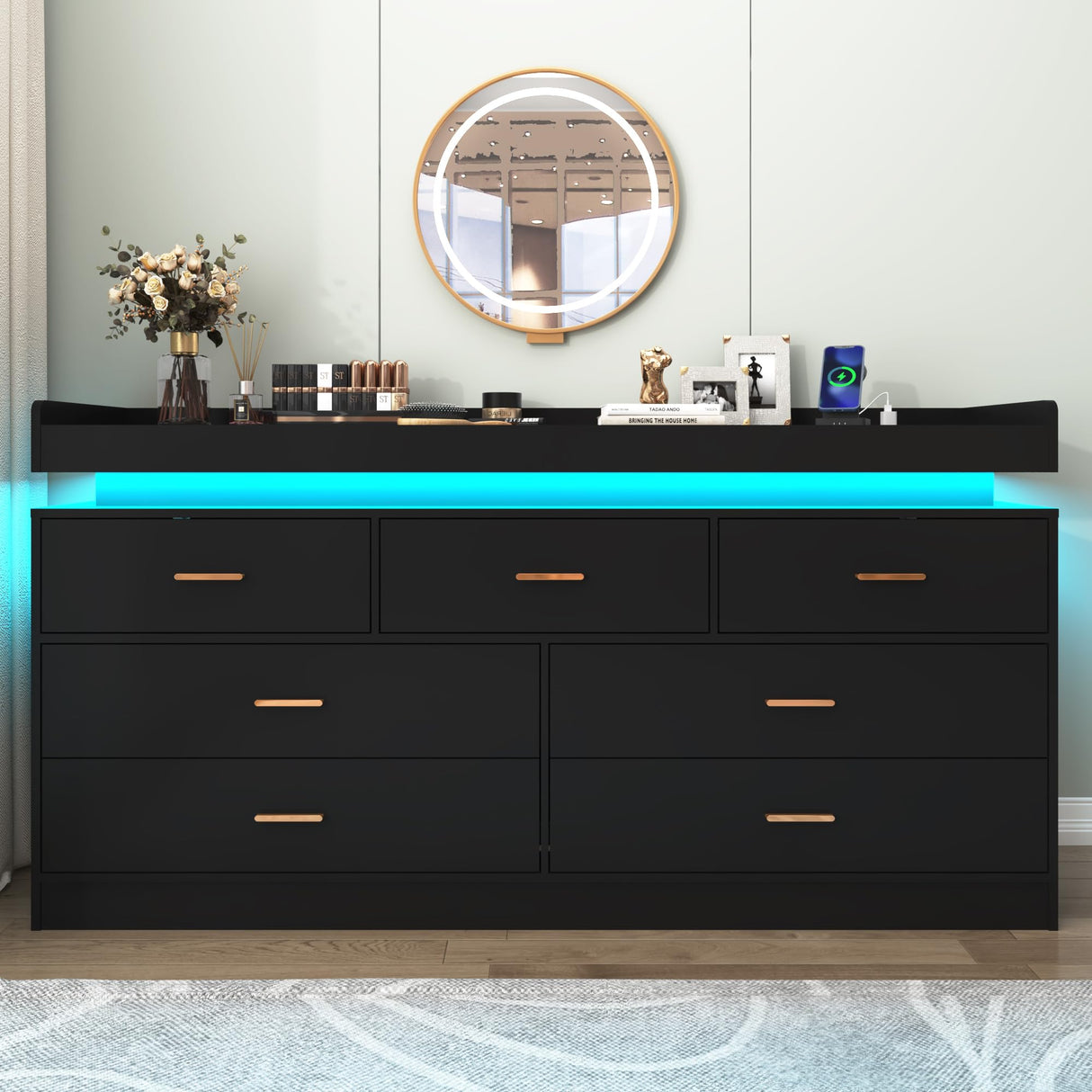 7 Drawer Dresser with LED Light and Charging Station, Modern Chest of Drawers for Closet, Wide Drawer Organizer Cabinet for Bedroom, Living Room, Entryway, Hallway, Black Hlivelood