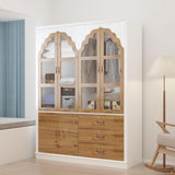 FAMAPY Farmhouse 4 Door Wardrobe with Glass Doors & Storage Cabinet, Armoire Wardrobe Closet with Hanging Rod & 3 Drawers, Art Decor Armoire Closet White and Oak (57.5”W x 20.3”D x 75.7”H) FAMAPY