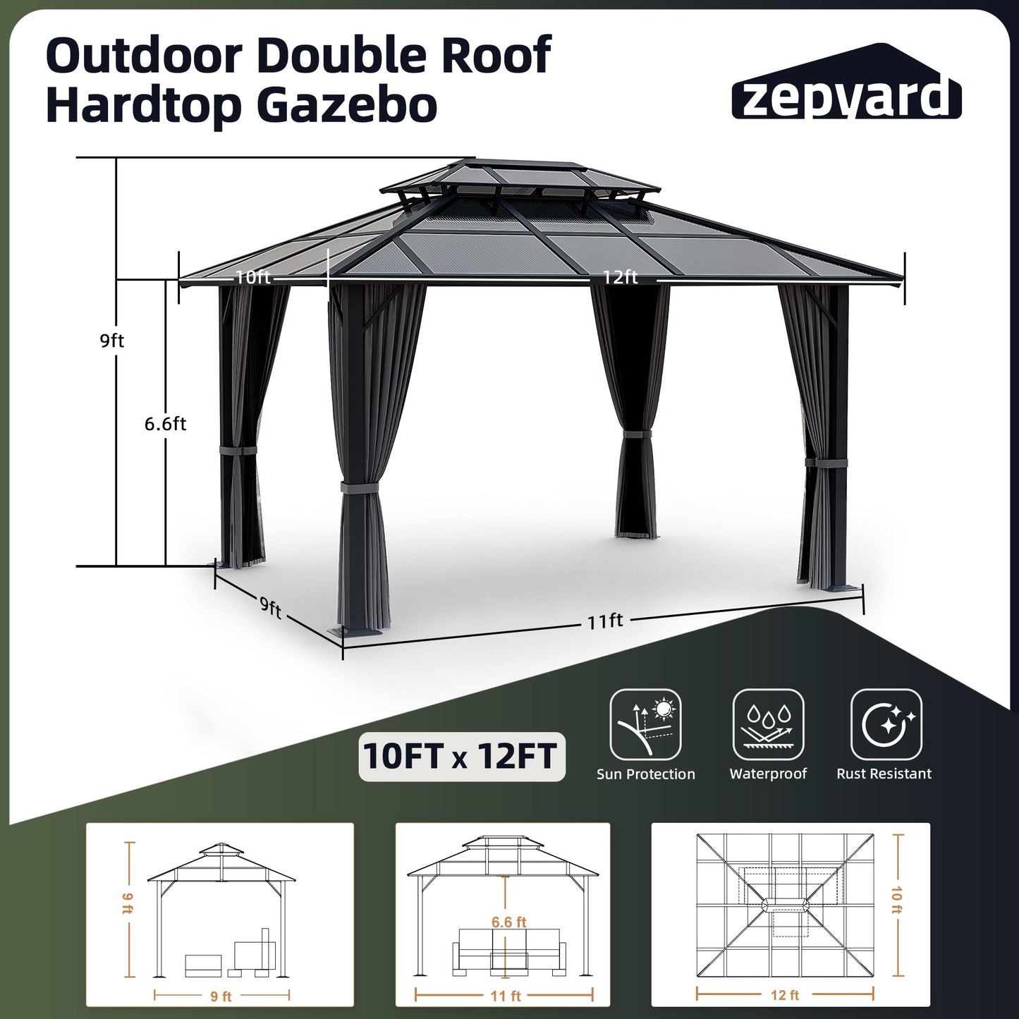 ZEPYARD Hardtop Gazebo 10x12 FT Polycarbonate Double Roof with Netting and Curtains, Metal Aluminum Outdoor Gazebo for Backyard, Patio, Deck (Grey) - WoodArtSupply