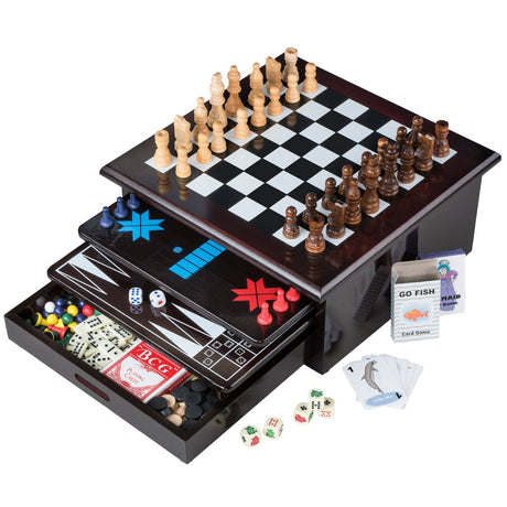 Board Game Set - Deluxe 15 in 1 Tabletop Wood-accented Game Center with Storage Drawer (Checkers, Chess, Chinese Checkers, Parcheesi, TicTacToe, SOlitaire, Snakes and Ladders, Mancala, Backgammon, Poker Dice, Playing Cards, Go Fish, Old Maid, and Dominos) Etna