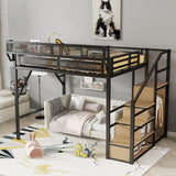Queen Size Loft Bed Frame for Adults, Metal Lofts Bed Queen with Stairs & Storage Shelves, Heavy Duty High Loft Bed with Wardrobe,Queen Loft Bunk Bed with Desk No Box Spring Needed, No Noise-Black JIJIWANG