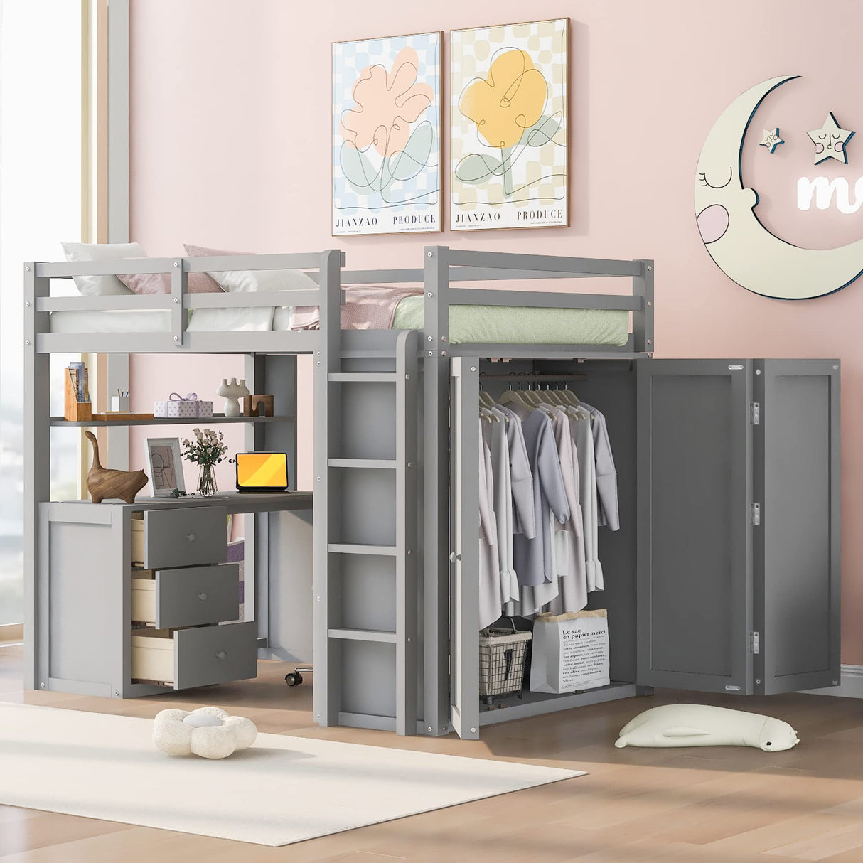 Harper & Bright Designs Full Size Loft Bed with Desk and Wardrobe, Solid Wood Loft Bed Frame with Storage Drawers, for Kids Teens Adults (Full, Gray) Harper & Bright Designs