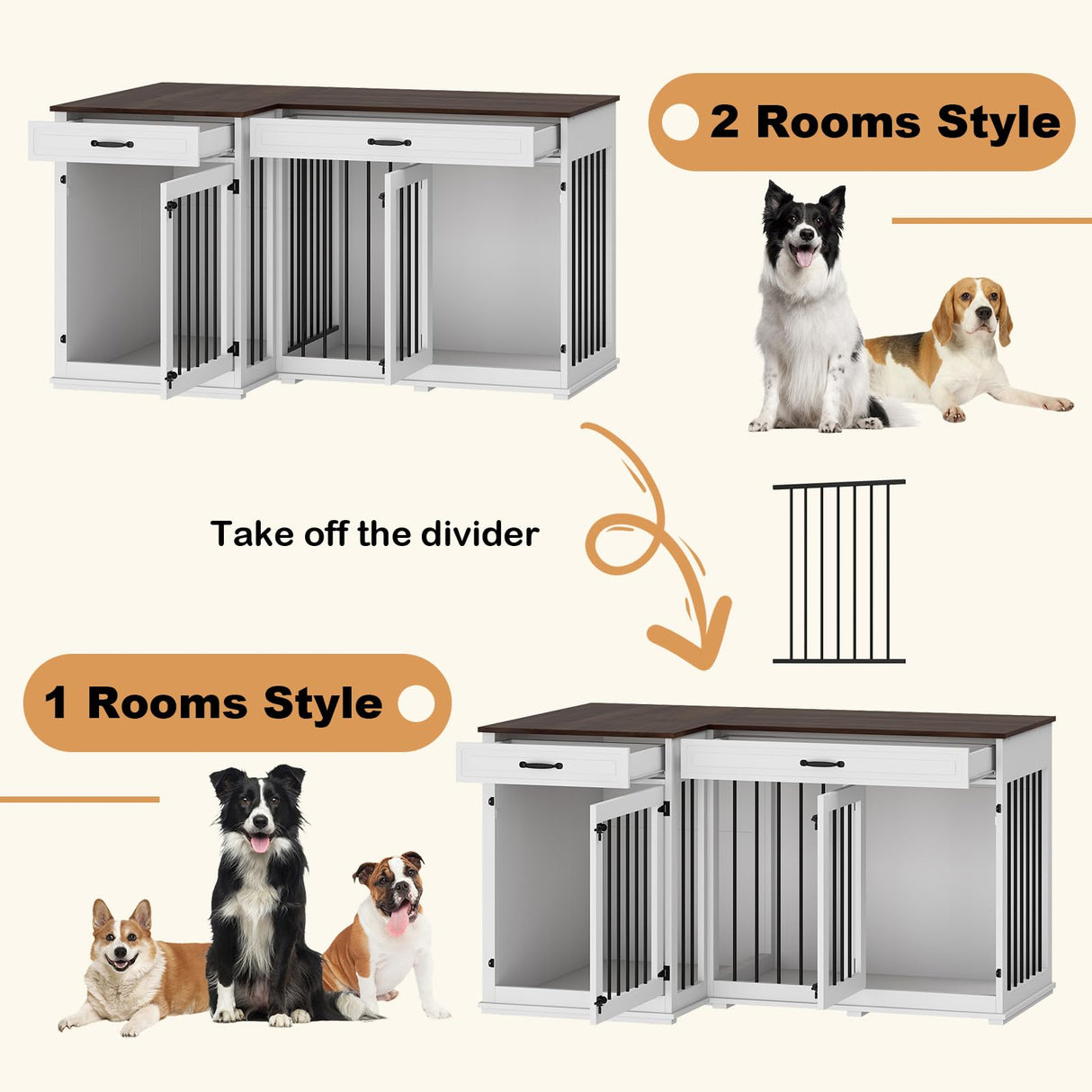 DAWNSPACES Large Corner Dog Crate Furniture for 2 Dogs, 59" Indoor Wooden Furniture Style Dog Kennel House with Double Rooms, Drawers & Removable Divider for Large & Medium Dogs, White DAWNSPACES