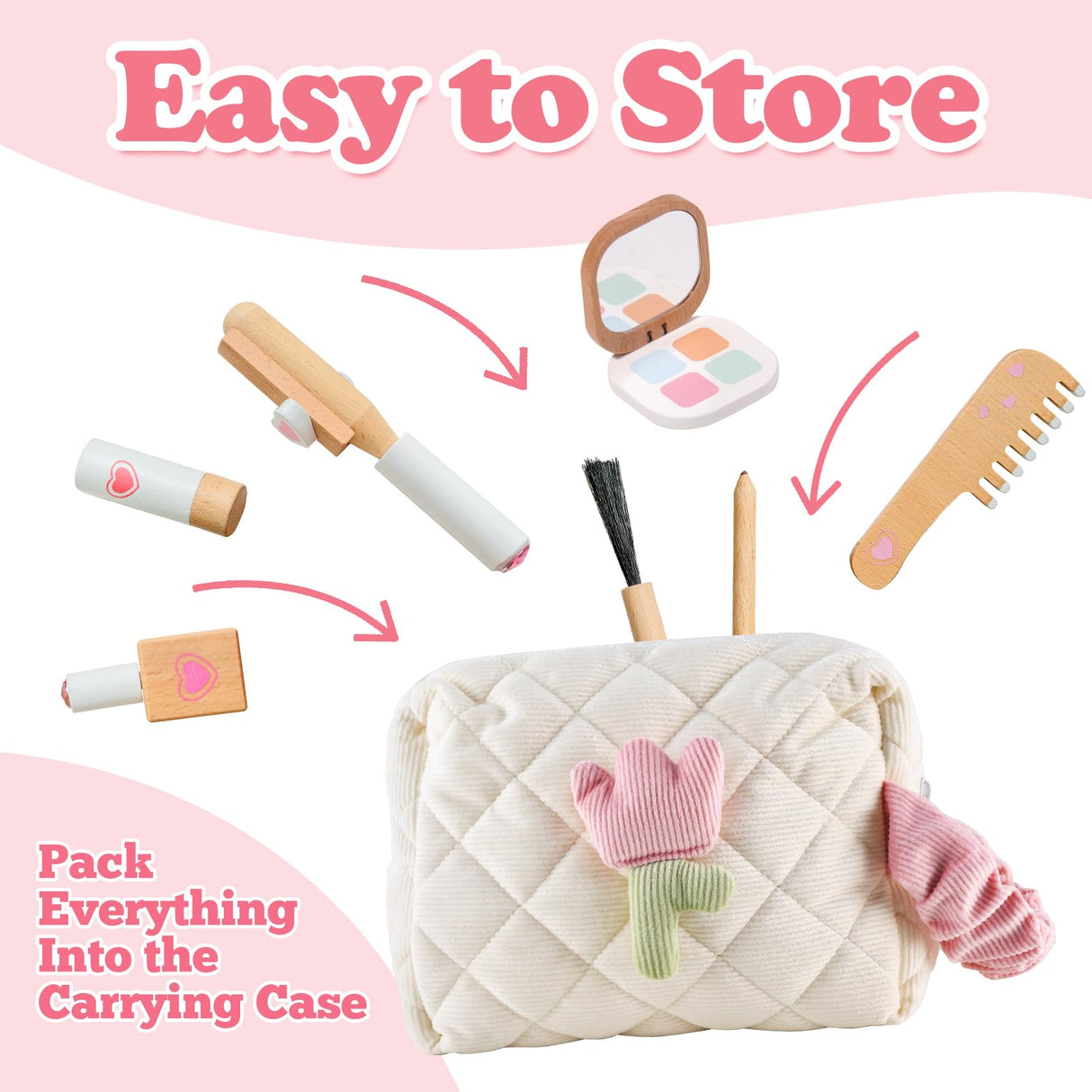 16Pcs Wooden Makeup Kit Toy for Toddlers, Pretend Play Beauty Salon Set with Styling Tools, Cosmetics and Storage Bag for Kids Age 3+ Gserin