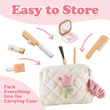 16Pcs Wooden Makeup Kit Toy for Toddlers, Pretend Play Beauty Salon Set with Styling Tools, Cosmetics and Storage Bag for Kids Age 3+ Gserin