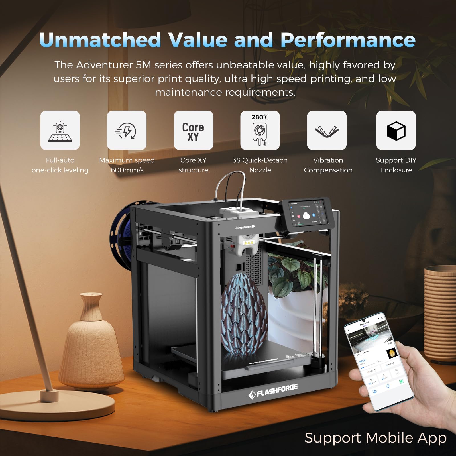 FLASHFORGE Adventurer 5M 3D Printer with Fully Auto Leveling, Max 600mm/s High Speed Printing, 280°C Direct Extruder with 3S Detachable Nozzle, Core XY All Metal Structure, Print Size 220x220 - WoodArtSupply