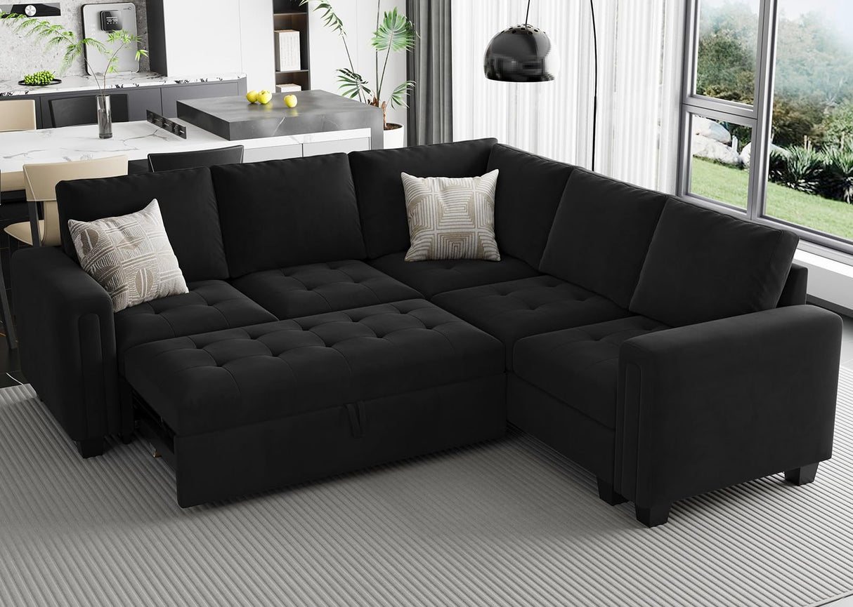 Belffin Modular Sectional Sleeper Sofa with Pull Out Couch Bed Velvet Convertible L Shaped Sectional Couch for Living Room Apartment Black Belffin