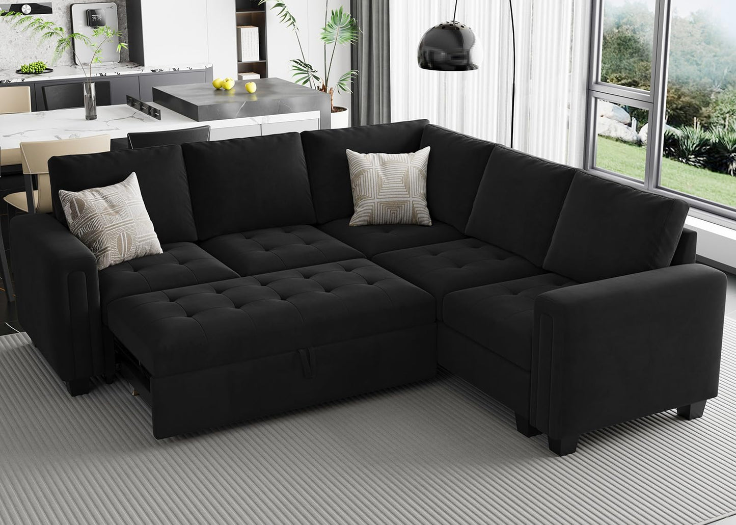 Belffin Modular Sectional Sleeper Sofa with Pull Out Couch Bed Velvet Convertible L Shaped Sectional Couch for Living Room Apartment Black