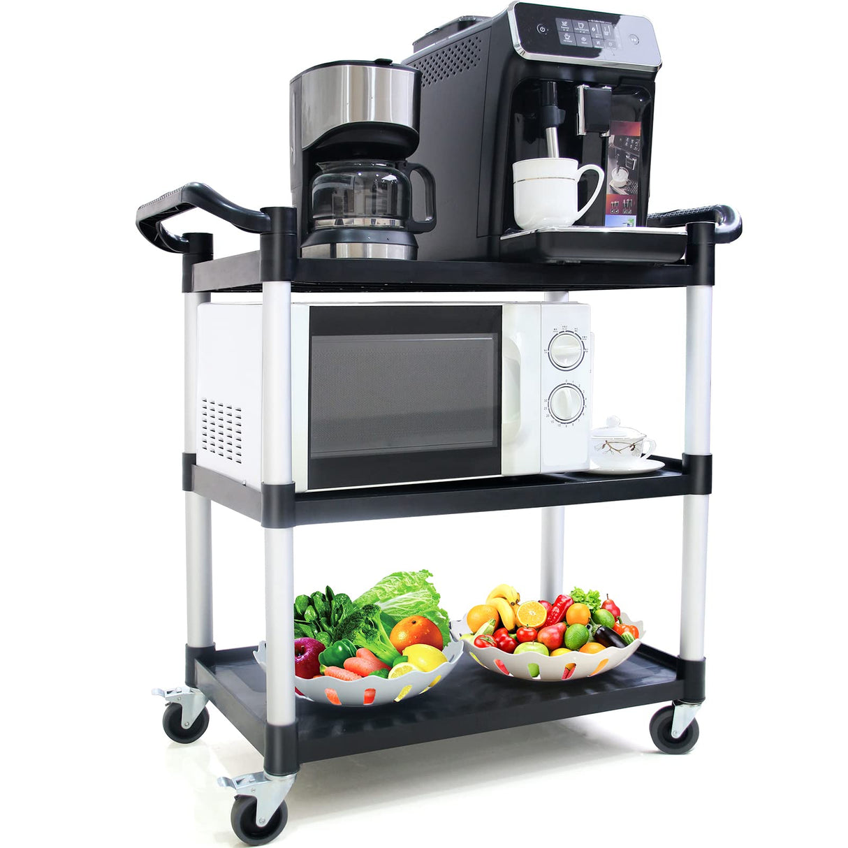 Utility Carts with Wheels,3-Tier Rolling Cart with Wheels, Heavy Duty 510 LBS Food Service Cart with Rubber Pad and Hammer for Kitchen/Office/Warehouse, 31.5" X 16.9" X 38.9"(Black) SFESGRER
