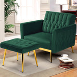 ACMEASE Velvet Accent Chair with Adjustable Armrests and Backrest, Button Tufted Lounge Chair, Single Recliner Armchair with Ottoman and Pillow for Living Room, Bedroom, Green ACMEASE