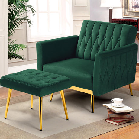 ACMEASE Velvet Accent Chair with Adjustable Armrests and Backrest, Button Tufted Lounge Chair, Single Recliner Armchair with Ottoman and Pillow for Living Room, Bedroom, Green ACMEASE