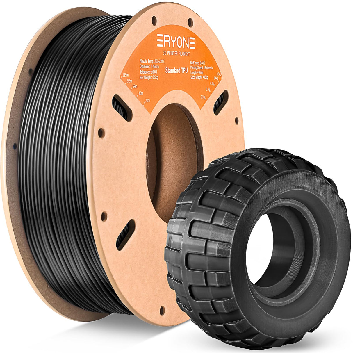 ERYONE TPU Filament 1.75mm +/-0.03mm Flexible TPU Roll, 95A Soft 3D Printer Filament 0.5kg Spool(1.1 lbs), Black ERYONE