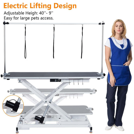 48" Electric Dog Grooming Table - Spacious & Sturdy Design, Functional Features, & Reliable - Adjustable Height, Wireless Remote, 330Lb Capacity - Anti-Slip Wheels, White MERXENG