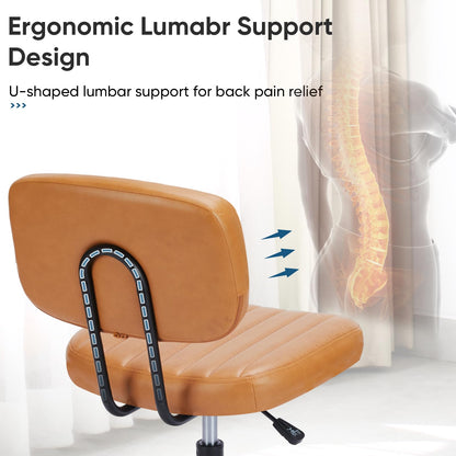 Armless Home Office Desk Chair -Small Ergonomic with Low Back Lumbar Support, Height Adjustable PU Leather Computer Task with 360° Swivel Rolling Wheels, for Small Space, Brown - WoodArtSupply