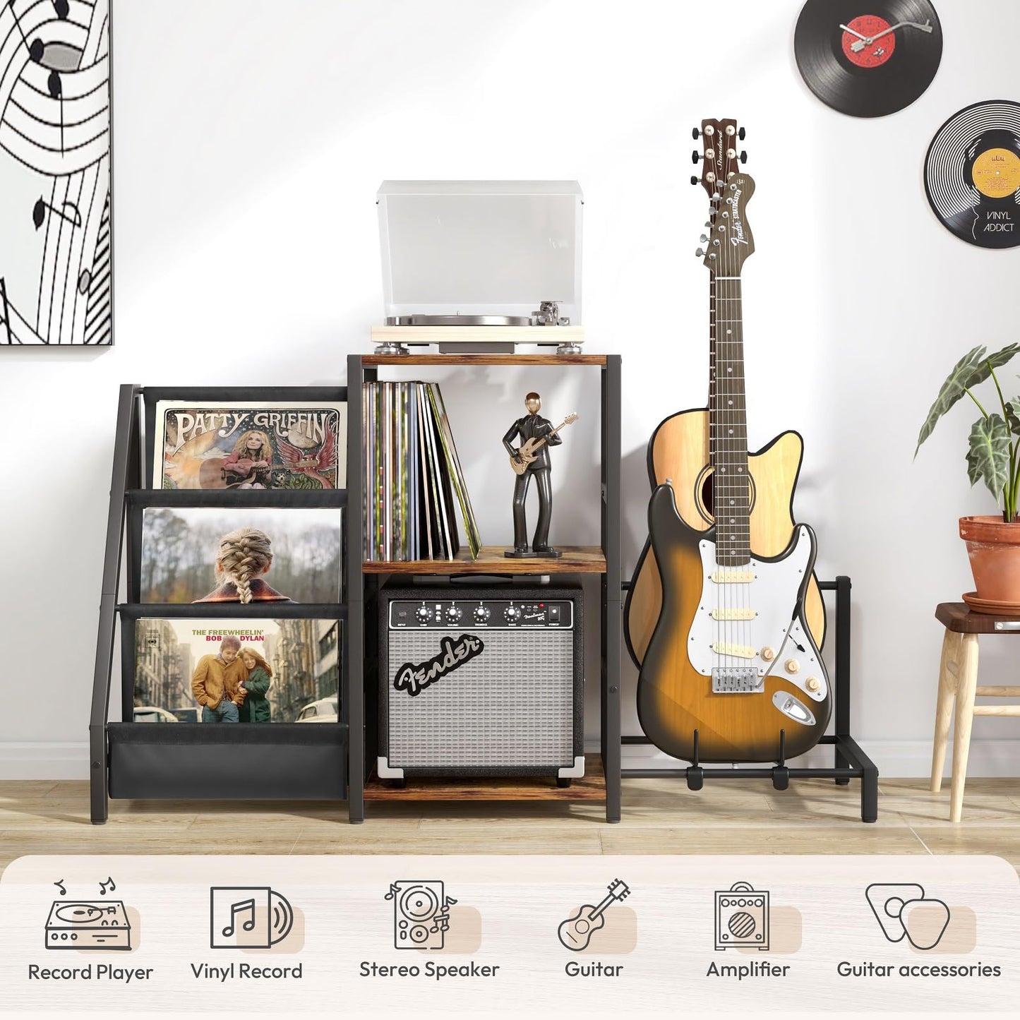 Bikoney Record Player Stand, Guitar Stand for Acoustic, Electric Guitar, Bass with Amp Stand, 3-Tier Vinyl Record Storage Up to 200 Albums, Record Player Table for Record Player, Speaker, Amplifier