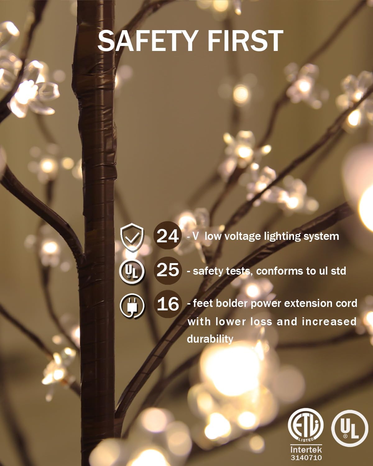 Tybeeu 5ft Lighted Cherry Blossom Tree with 184 Warm White LED Lights for Holiday Decor - Dimmable, UL Certified, Waterproof - Ideal for Indoor and Outdoor Decoration TYBEEU