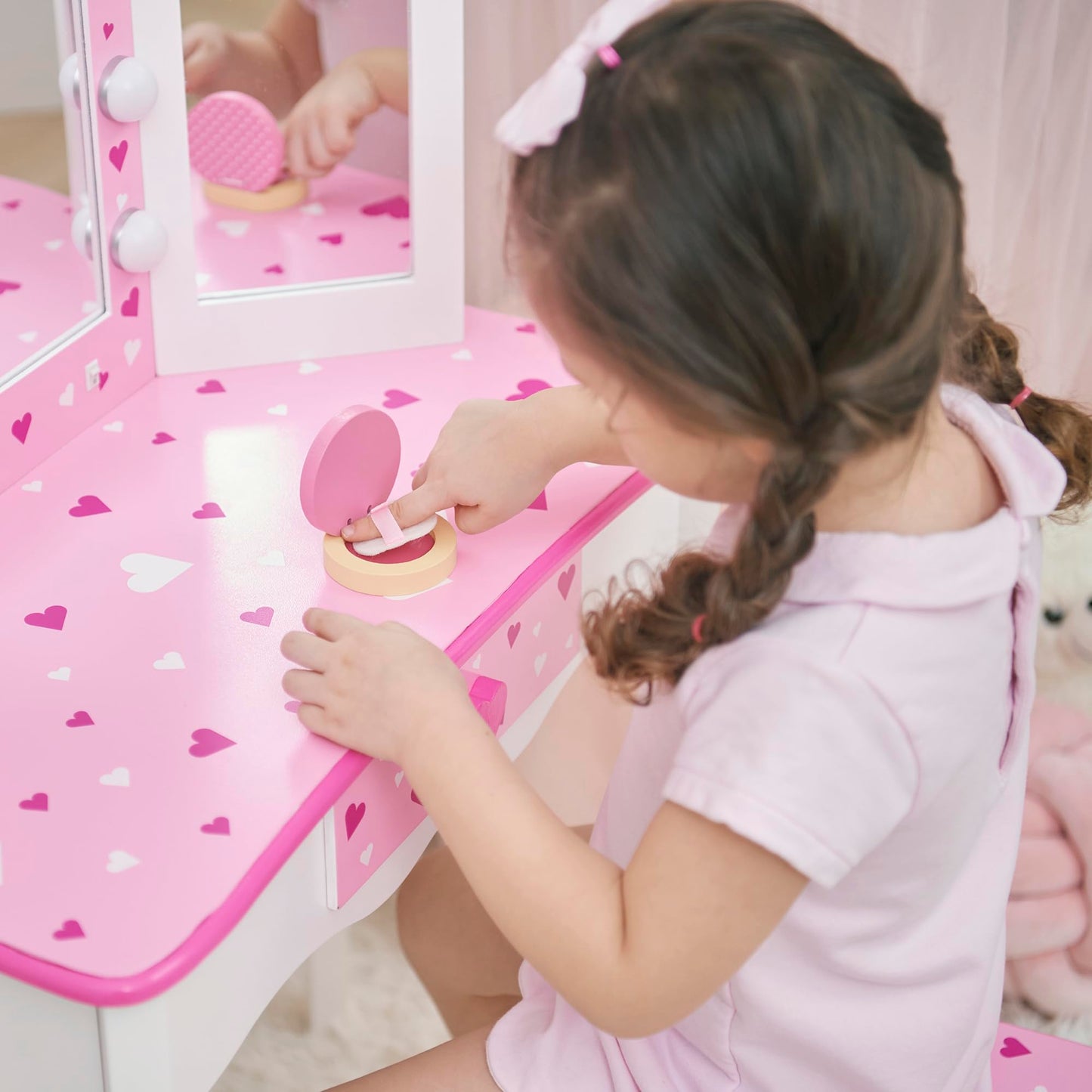 Teamson Kids Little Princess Gisele Sweethearts Print Kids Vanity Set with Matching Stool, Tri-fold Mirror with Glamour LED Lights + Storage Drawer For 3yr and up, Pretend Play House, Salon White/Pink