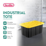 Sterilite 17 Gal Industrial Tote, Stackable Storage Bin with Snap-Fit Lid for Garage, Basement & Attic Storage, Black Base and Yellow Lily Lid, 6-Pack Sterilite