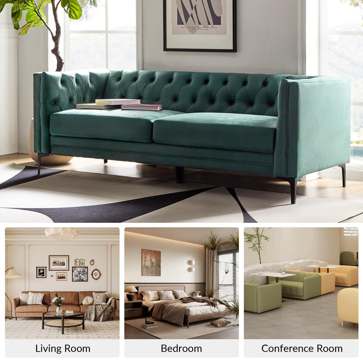 HULALA HOME 84" W Faux Leather Sofa Couch with Metal Legs, Button-Tufted 3-Seater Sofa, Mid Century Modern Contemporary Upholstered Couch for Living Room, Entertainment Area, Apartment,Green HULALA HOME