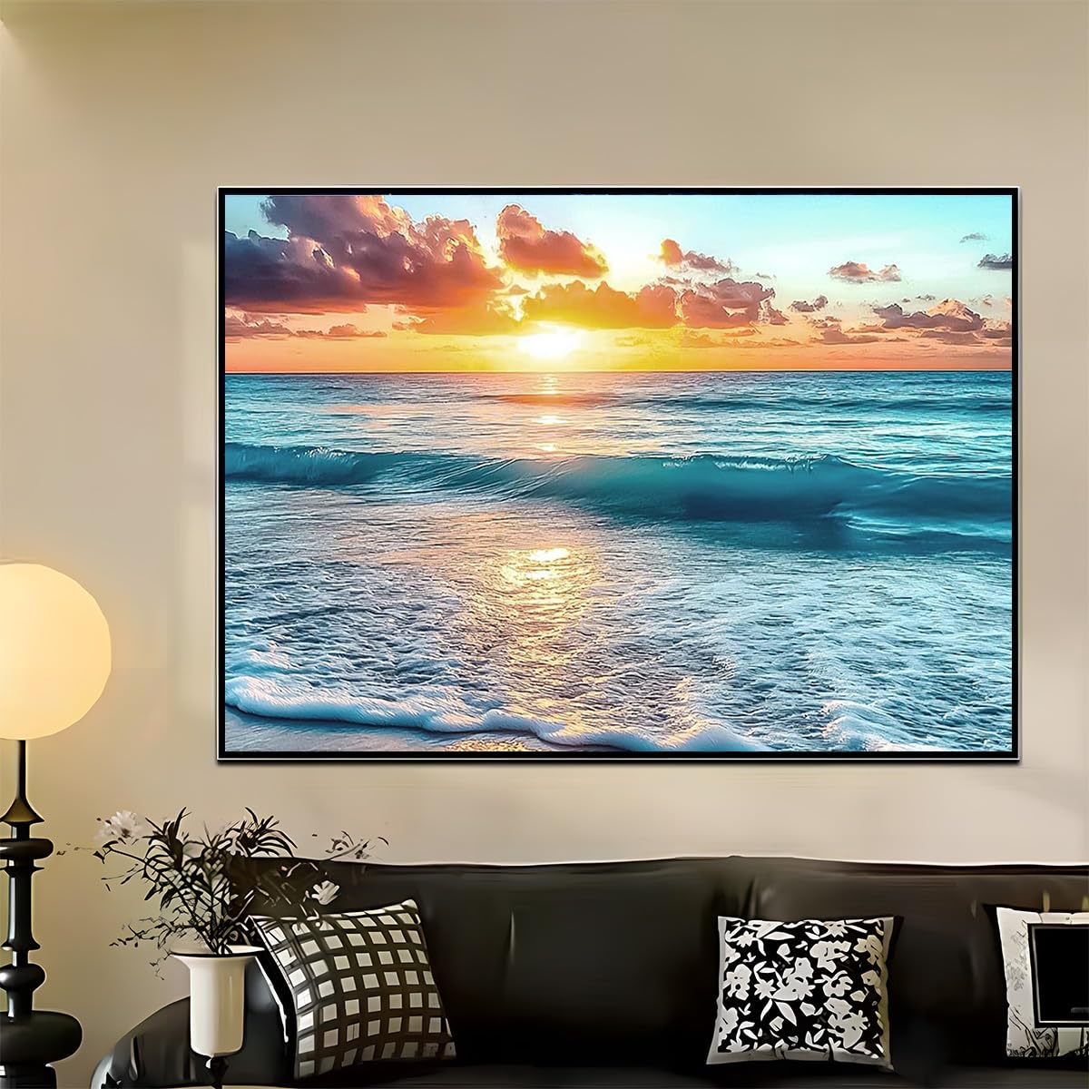 Diamond Painting Art, 30x40cm Ocean Sunset Seascape Silhouette, Round Drill DIY Craft for Adults, Calming Beach Wall Decor Amz Camel